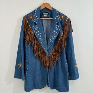 Vintage Denim Fringe Studded Star Western Boho Jacket Festival Gepetto Medium